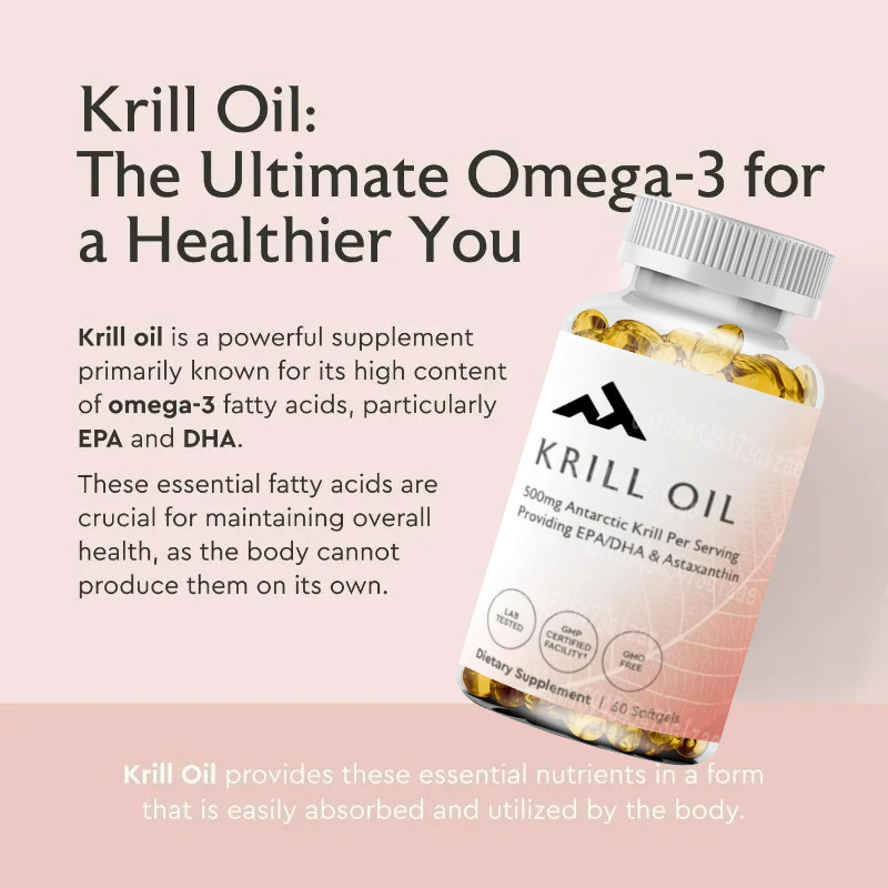 Krill Oil Supplement - 南極オキアミ油 500mg リン脂質サプリメント、EPA/DHA オメガ3、アスタキサンチン配合、非遺伝子組み換え - 60カプセル