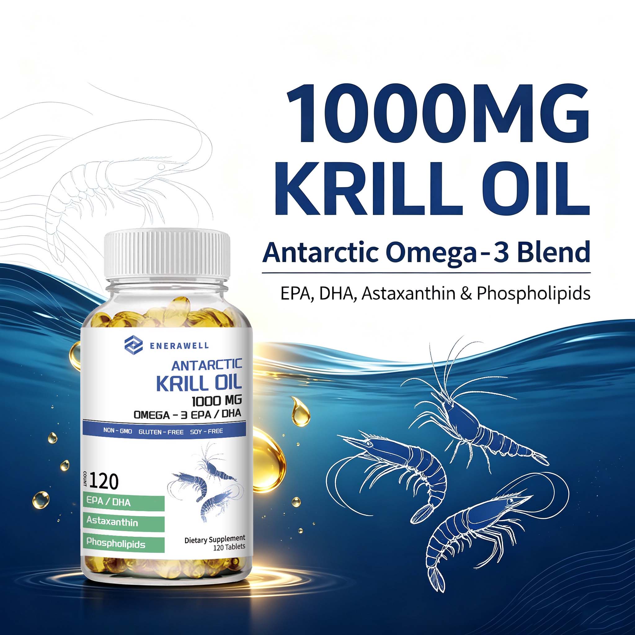 Krill Oil Supplement - 南極クリルオイル 1000mg カプセル | 3倍の強度を持つ天然由来のオメガ-3（EPA、DHA）とアスタキサンチン配合サプリメント